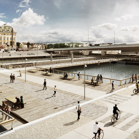 Photo of the lock and surrounding area built to regulate water in the city.