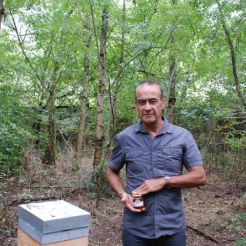 A man holding honey in front of a beehive in a forest