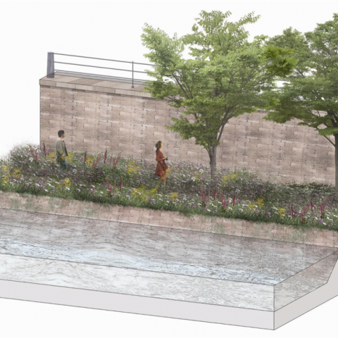 Architectural drawing of a green promenade along a wall