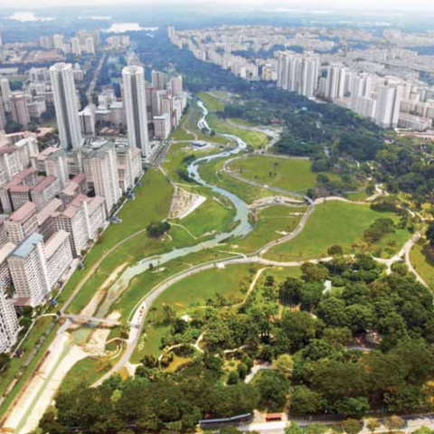 Aerial view of Bishan-Ang Mo Kio Park and Kallang River