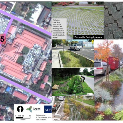Proposed interventions pertaining to walkways and footpaths around the market (left) with examples of permeable paving (top right), vegetated nature strips and drainage (bottom right)