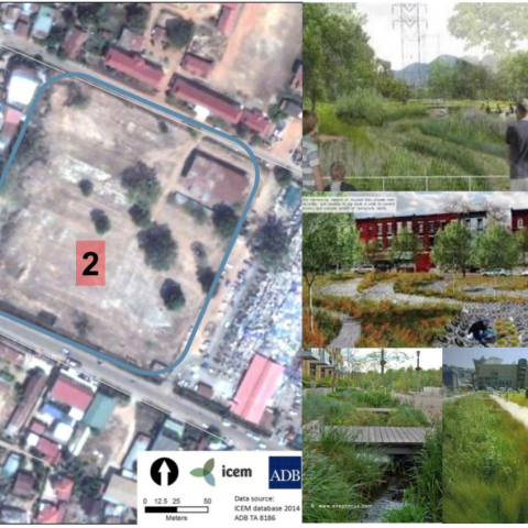 Proposed interventions including transformation of vacant lot into a constructed wetland, flood retention and recreation area