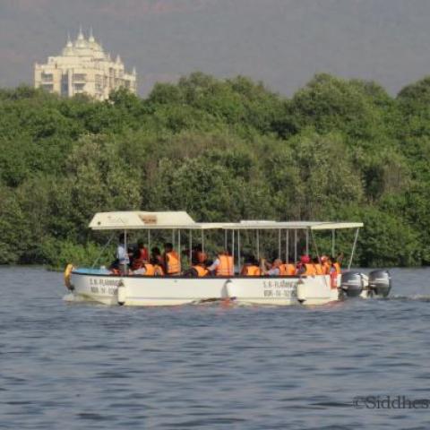 Picture showing tourist experiencing boat ride at Thane creek Flamingo Sanctuary