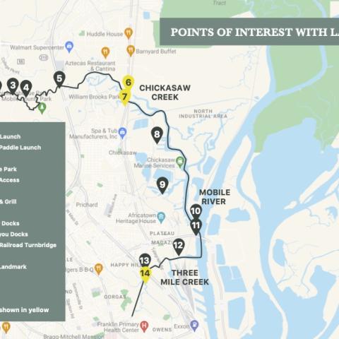 Map of the africatown-blueway-connection project, with 14 points of interest that highlight natural, historical or cultural themes along a 10+ mile route