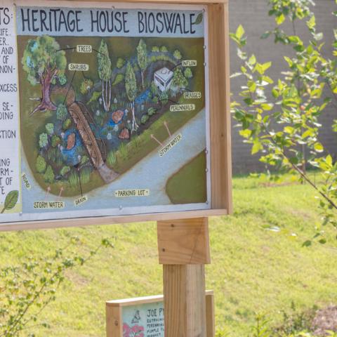 This sign describes for the public the main benefits of the bioswale