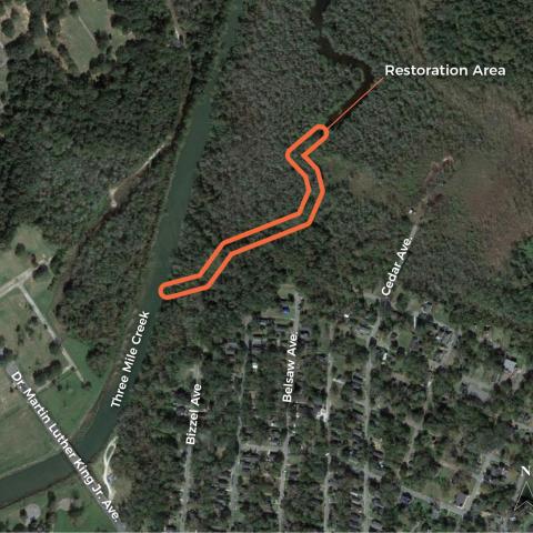 Sattelite view of the historic channel of the Three Mile Creek that the project aims to dredge