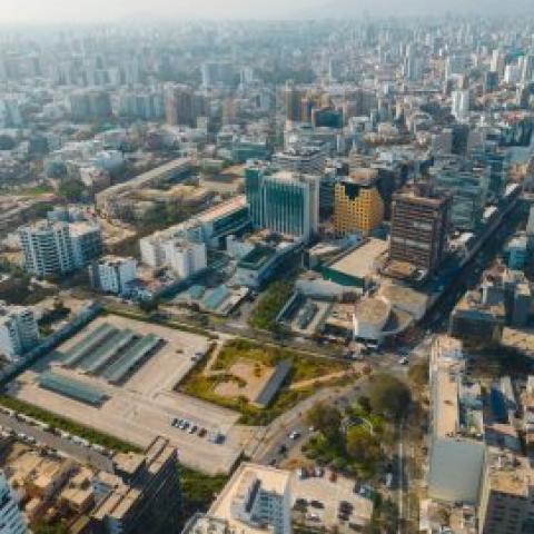 Top view of Choquehuaca Square. You can see the square/park and the surrounding buildings and spaces. 