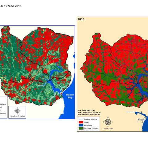 Comparison 1964/2016 LULC for the greater Dog River Watershed showing the process of urvanization of the area