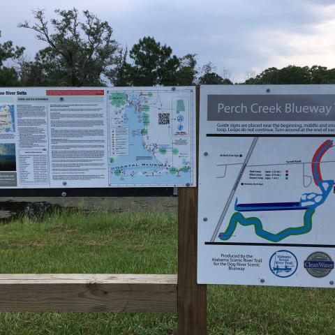 Water based trail sign in Perch Creek - Perch Creek Bluewaytrail is the only marked water trail inside the Dog River Scenic Blueway.